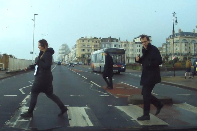 Filming of Roadkill in St Leonards, January 2020.

Hugh Laurie caught on a car's dashcam giving the thumbs up sign. SUS-211115-140151001