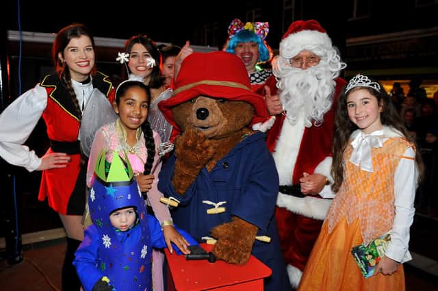 Paddington, Father Christmas and panto stars at the Burgess Hill Christmas lights switch on in 2018. Pic Steve Robards SR1830586. SUS-181117-193631001