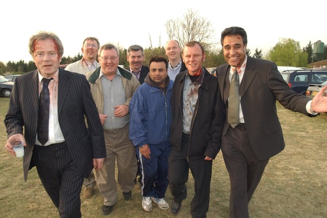 Filming at Nene valley railway, wansford, of BBC Casualty. Pictured are TV 'extras', Paul King, Colin Williams, Peter Philpott from Brampton; David bennett from Holbeach, Pommy Bhogal from Peterborough; Peter Rose from Crowland; Lee Pendergast from Peterborough.