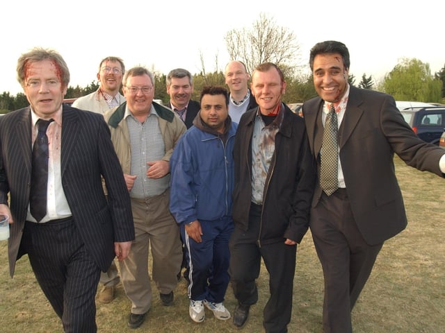 Filming at Nene valley railway, wansford, of BBC Casualty. Pictured are TV 'extras', Paul King, Colin Williams, Peter Philpott from Brampton; David bennett from Holbeach, Pommy Bhogal from Peterborough; Peter Rose from Crowland; Lee Pendergast from Peterborough.
