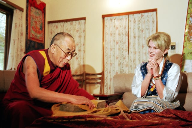 English actress Joanna Lumley with His Holiness Tenzin Gyatso, The 14th Dalai Lama, during her visit to Dharamsala, India, May 2004. (Photo by Tom Stoddart/Getty Images)