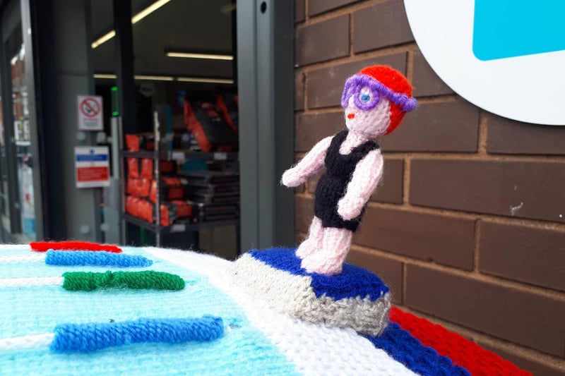 A knitted Maisie takes pride of place on top of the town post box made by Jane Bailey