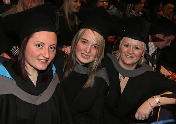 Joanne Moore, Jill Scott and Hayley Vance, wait to collect their Foundation Science Degree  in Travel & Tourism Management at the North West Regional College annual Graduation ceremony held in The Millennium Forum.(0901T01)