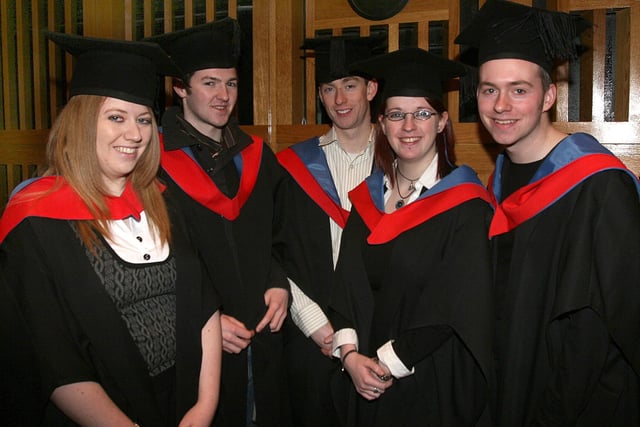 Students collecting their HND in Interactive Media at North West Regional College annual graduation ceremony held in the Millennium Forum, Derry. From left are Sadesh O’Donnell, St. Johnston, Co. Donegal, Paul Dillon, Newtowncunningham, Co. Donegal, Gavin Duffy, Derry, Aisling Peoples, Letterkenny, Co. Donegal and Damien Loughery, Derry.(0101T01)