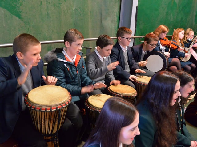 Boys from Ardnashee School who were part of the orchestra performing in the school show ‘Across the Waves’, written and composed by music tutor Paul Cutliffe, on Friday afternoon last. DER2141GS – 045