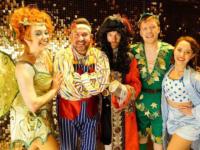 The cast of The further Adventures of Peter Pan The Return of Captain Hook. Mark Baylis as Captain Hook, Adam Moss as Smee, Holly Atterton as Tinker Bell, Conner Keetley as Peter Pan and Jenny Huxley-Golden as Emily Darling.