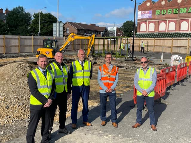 From left, ARBA's Richard Burns, Daryl McGreade of Mansfield business improvement district, Tanbry's Rob Bryant, Mansfield mayor Andy Abrahams and Mike Robinson, from Mansfield Council, at the site.