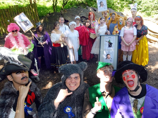 Students from West Notts College pictured before the start of their performance of 'If You Go Down to the Woods Today' which they did for local school children. The lead parts were taken by Syed Asim playing the Sheriff, John Jones who played the Big Bad Wolf, Robin Hood was Tom Broadhurst and the Mad Hatter was Connor Wilkinson. Year: 2010.