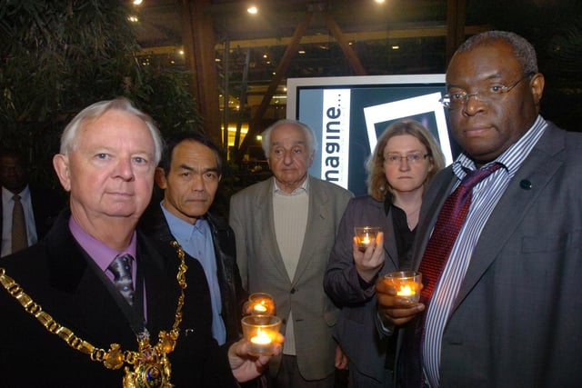 Pictured in the Winter Garden, Sheffield, where the Holocaust Memorial Day service was held in January 2008. Seen left to right are speakers the Lord Mayor of Sheffield, Coun Arthur Dunworth, Khun Saing, a representative of the Sheffield Burmese community, Dr Jakubivic, a Holocaust survivor, Adele Robinson, head of equalities team, Sheffield City Council,  and Coun John Campbell of Sheffield Racial Equality Council