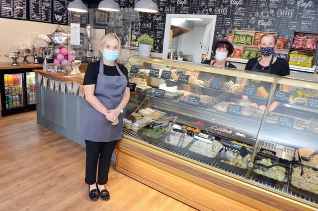 Joint owner Amanda Shetliffe with staff members Wendy Widdowson and Elizabeth Canterill ready to greet indoor customers at The Bakers Shop Cafe in Mansfield.