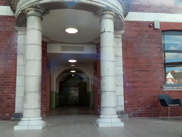 The entrance to the Danum Gallery, Library and Museum through the door of the historic Doncaster girls' high school.