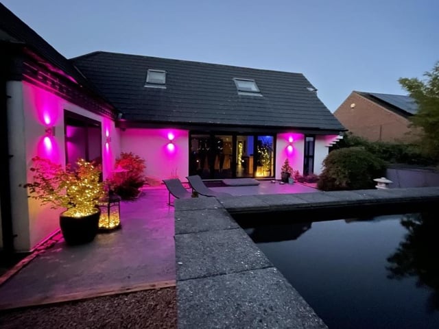 We complete our photo tour with a couple of after-dark shots, displaying how attractive the garden can be on a summer's evening, thanks largely to its outdoor lighting.