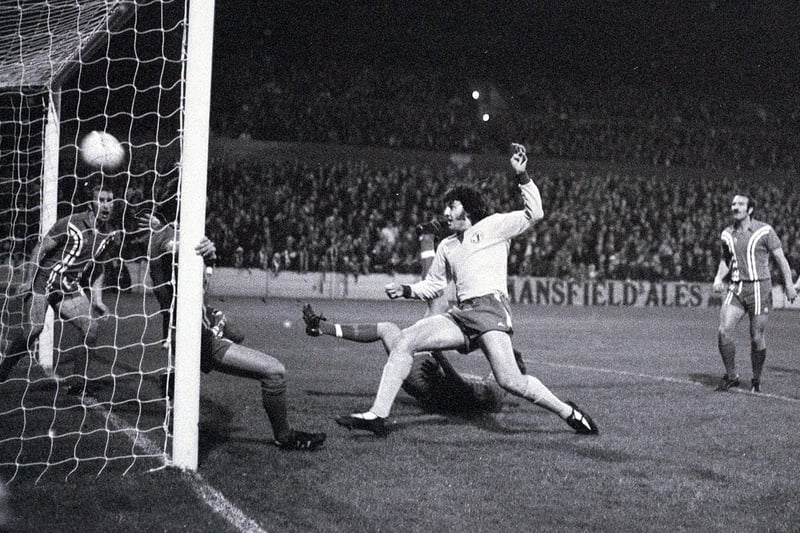 Ray Clarke scores for Stags against Coventry in October 1975 in a League Cup third round match. A crowd of 10,027 watched as Stags progressed with a 2-0 win.