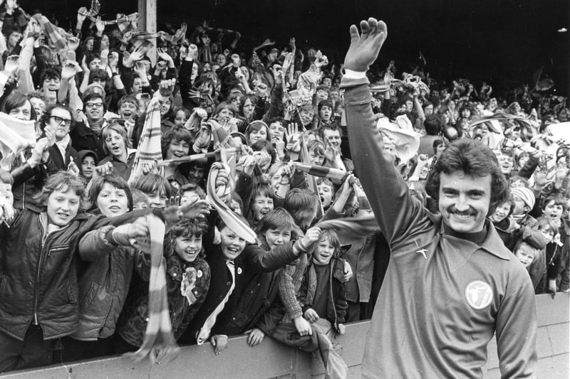 The Wolverhampton-born keeper is pictured taking the applause of the crowd. He joined Stags on loan in 1971 before moving permanently to Field Mill in 1973.  With 513 first-team appearances (440 in the league), he is the club's all-time appearance record holder.