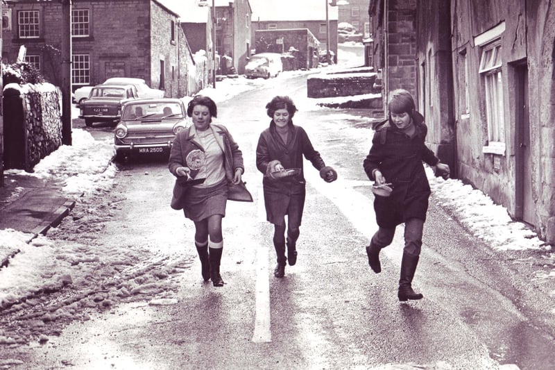 Winners of the Winster Pancake Race for Ladies - left to right Pauline Fox (1st), Carolyn Boam (3rd) and Ann Marsden (2nd) February 1970