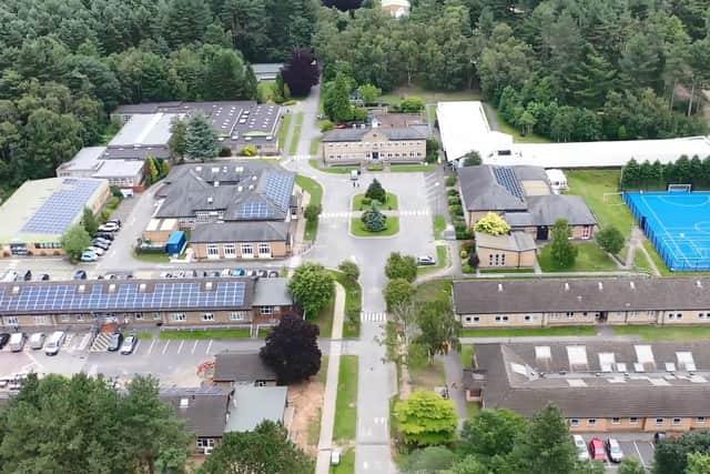 An aerial shot of the Portland College campus, off Nottingham Road, Harlow Wood.