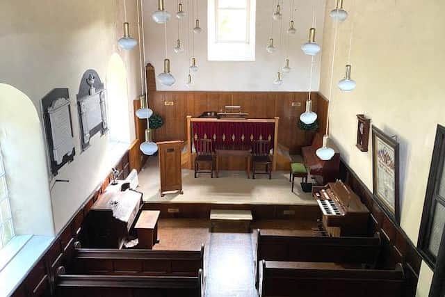 Inside historic Grade II Listed Lea Chapel which is up for auction