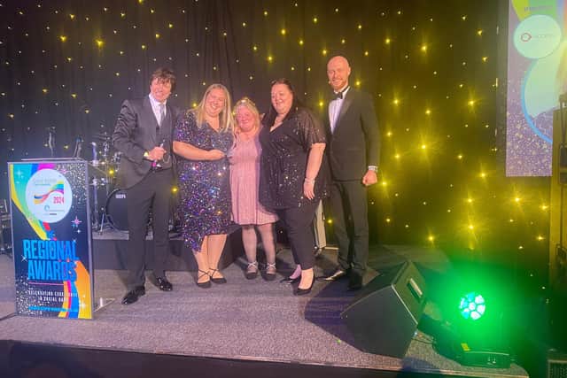 Premier Community's Sabrina Bennett, Laura T and Lyndsey Callaghan pictured with The Great British Care Awards hosts.