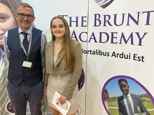 Brunts Academy student Alicia Kirk with director of Post 16 Martin Fiddimore on results day.