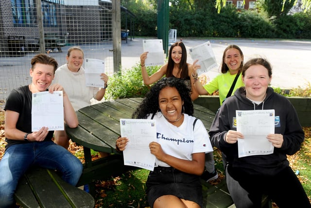 St Edmund's Catholic School students (l-r) Jake Barker (16), Yasmin Thomas (16), Asia Payne (16), Summer Bow (16), Chloe Thomas (16) and Abigail Abraha (16) with their results. Picture: Sarah Standing (200820-2981)