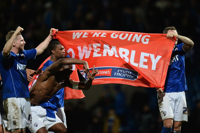 Chesterfield's players celebrate after reaching the final of the Johnstone's Paint Trophy on February 18, 2014. They were beaten 3-1 by Peterborough in the final.