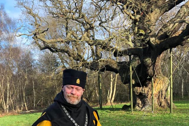 The Sheriff of Nottingham Richard Townsley pictured with the Wassailing bowl at the Major Oak
