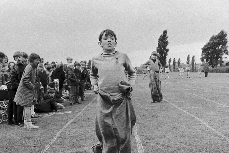 This boy is about to cross the finish line during a sports day at Kirkby's Kingsway Primary School in 1970.