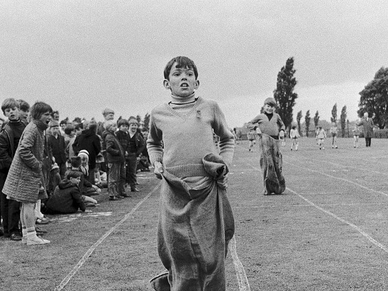 This boy is about to cross the finish line during a sports day at Kirkby's Kingsway Primary School in 1970.