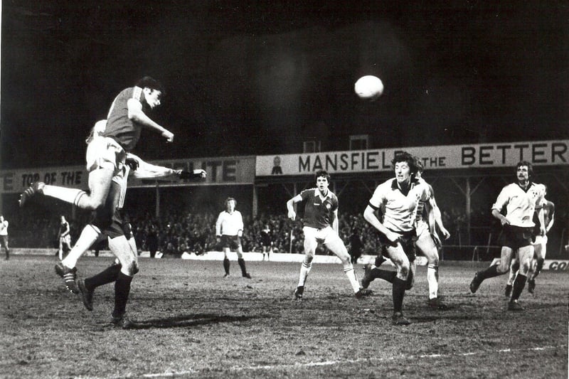 Ernie Moss rising above the Shrews’ defence to meet a cross with a powerful header in 1978.