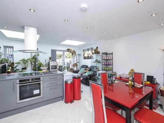 This photo gives a better view of the bright and stylish dining area in the kitchen/diner at the £300,000 property.