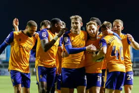 Stags celebrate their powerful win at Carlisle on Tuesday - photo by Chris Holloway / The Bigger Picture.media