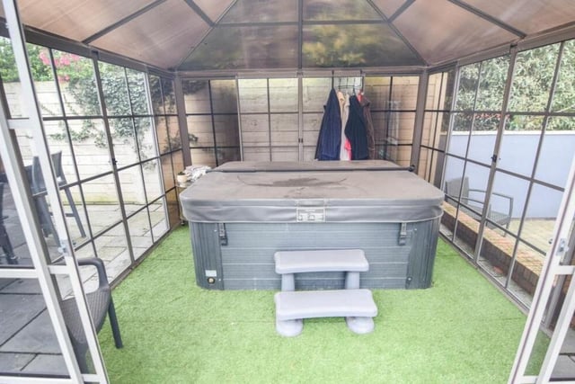 Let's take a peek inside the gazebo now -- to reveal this fabulous hot tub ready and waiting.