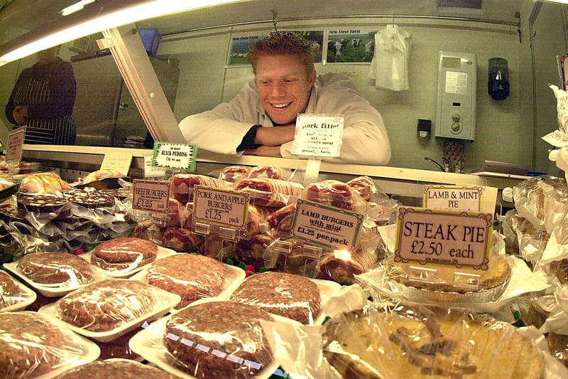 Thomas Armstrong from Over Haddon on his butchers stall at Bakewell Farmers Market in 2002
