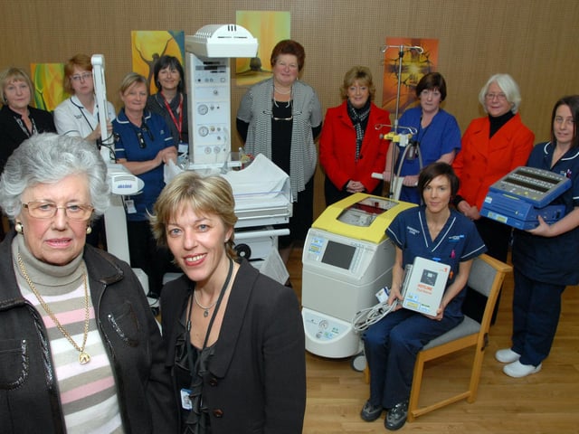 The League of Hospital Friends presented a Resuscitator, Cell Saver, Photodynamic Lamp, Blood Warmer and a Tachycardia Stimulator totalling £65,000 to the King's Mill Hospital. League Chairman Barbara Joule, left, made the presentation to Tracey Doucet Chairman of Sherwood Forest Hospital NHS Foundation Trust watched by League committee members and hospital staff.