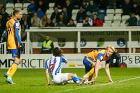 Mansfield Town midfielder George Lapslie confirms he was onside before scoring the opening goal. Photo by Chris Holloway/The Bigger Picture.media