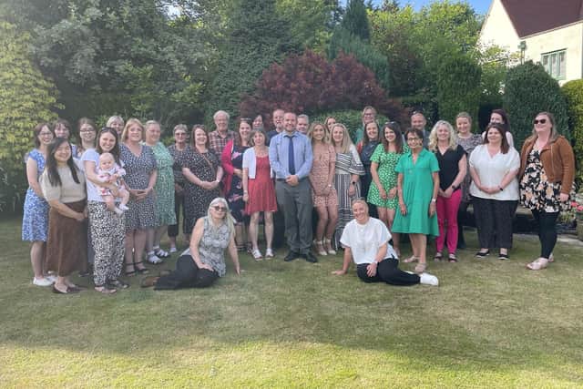 Staff and governors at the Ofsted celebration party at the home of Christine Bacon.