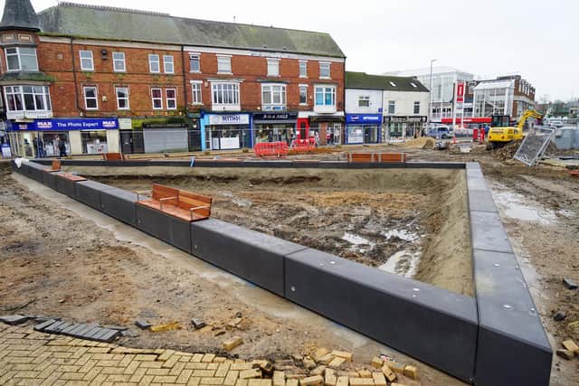 Sutton town centre, where the sun dial has recently been removed. January 2025.