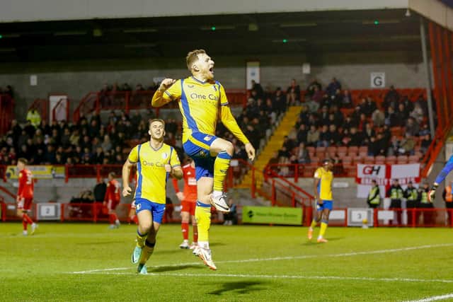 George Maris makes it 3-1 during the Sky Bet League 2 match against Crawley Town FC at The Broadfield Stadium, Saturday 16 December2023 
Photo credit -  Chris & Jeanette Holloway / The Bigger Picture.media