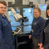 Shadow education secretary Bridget Phillipson spoke to manufacturing engineering student Josh Lyons, left, and engineering technician and advanced apprentice Sasha Jephson in one of the workshops.