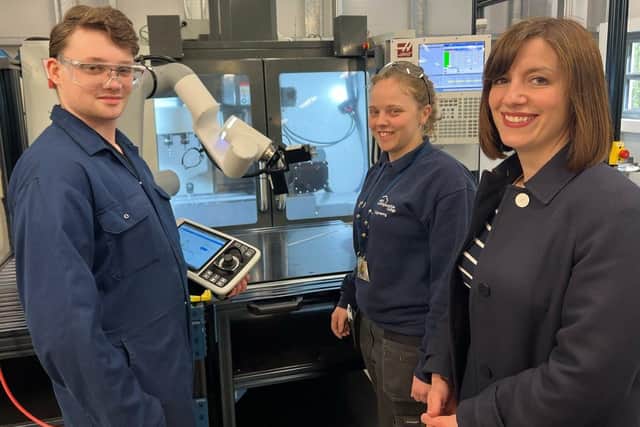 Shadow education secretary Bridget Phillipson spoke to manufacturing engineering student Josh Lyons, left, and engineering technician and advanced apprentice Sasha Jephson in one of the workshops.