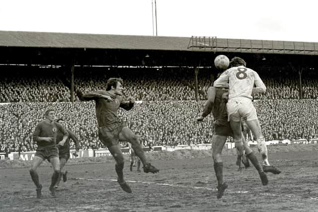 Alan Clarke gets above the Stags defence. Stags players from the left are Stuart Boam, Nick Sharkey, Phil Waller and Sandy Pate.