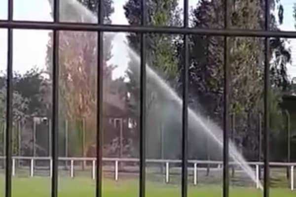 The high-powered sprinkler system in action