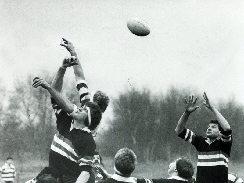 Mansfield battle Doncaster RUFC for the ball from a line-out during their game in January 1987