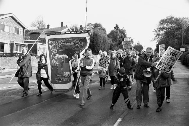 Miners and their families march against the Pit Closure Programme in Mansfield