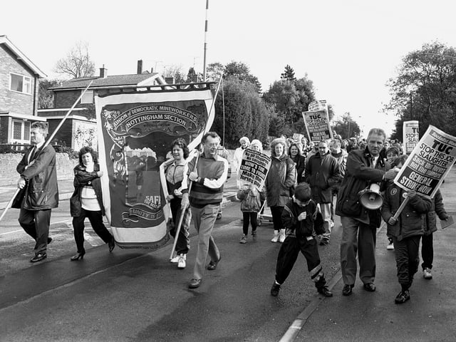 Miners and their families march against the Pit Closure Programme in Mansfield