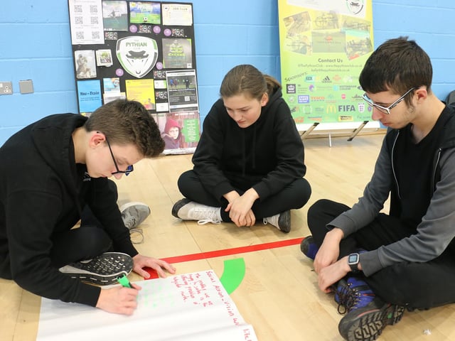 Students collaborating ideas to work on a social action project.