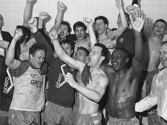 Joyous scenes in the dressing room after Stags completed their promotion mission against Rochdale.