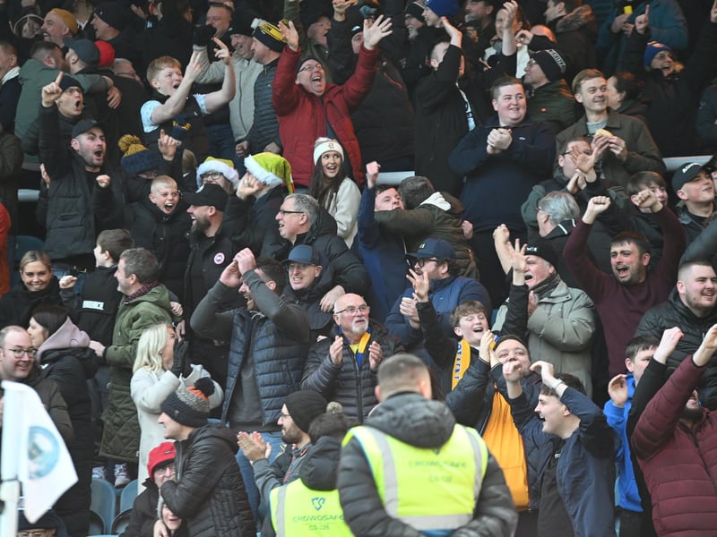 Mansfield Town fans watch the brilliant win at Peterborough United.