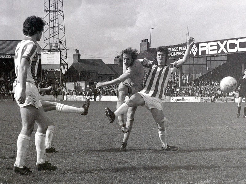 Gordon Hodgson gets a shot away in 1976 during the home match with Sheffield Wednesday.  Hodgson began his career at his hometown club Newcastle United but found his chances limited. He moved to Mansfield Town in 1974 became a central figure in the side, winning promotion to the Second Division in 1977.