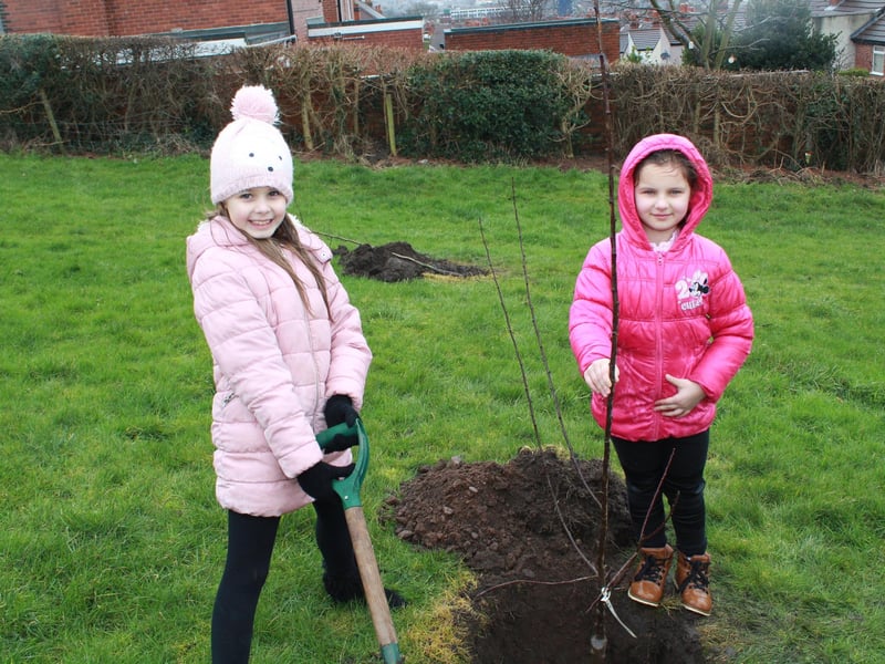 Community orchard to promote healthier living. Pupils from Asquith Primary School braved the icy wind and rain to help plant a new community orchard in Jackson's Field in Mansfield.